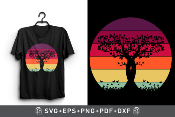 Retro Sunset Trees and Butterflies